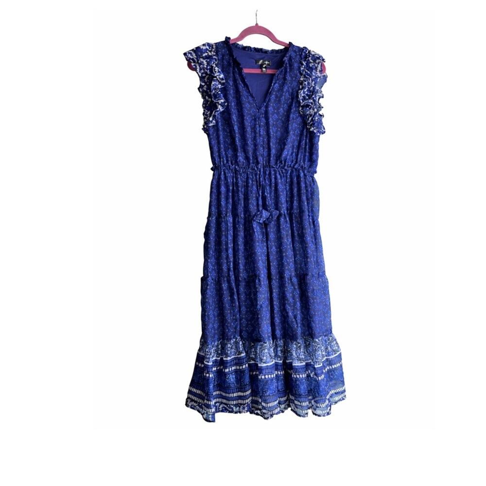 AQUA large Border Print Tassel Tie Midi Dress like new - Picture 2 of 11
